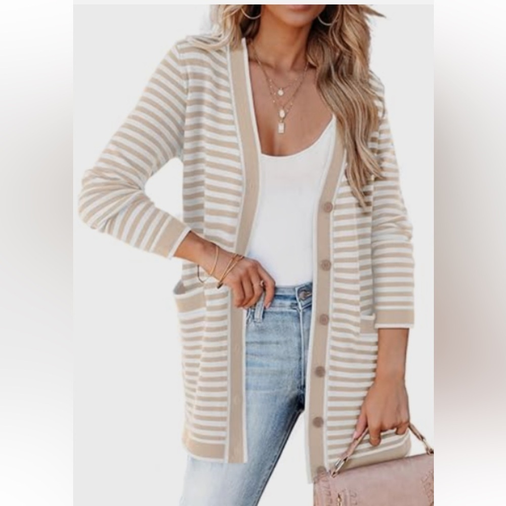 Dokotoo Cardigan Sweaters for Women Striped Open Front Button new 🆕